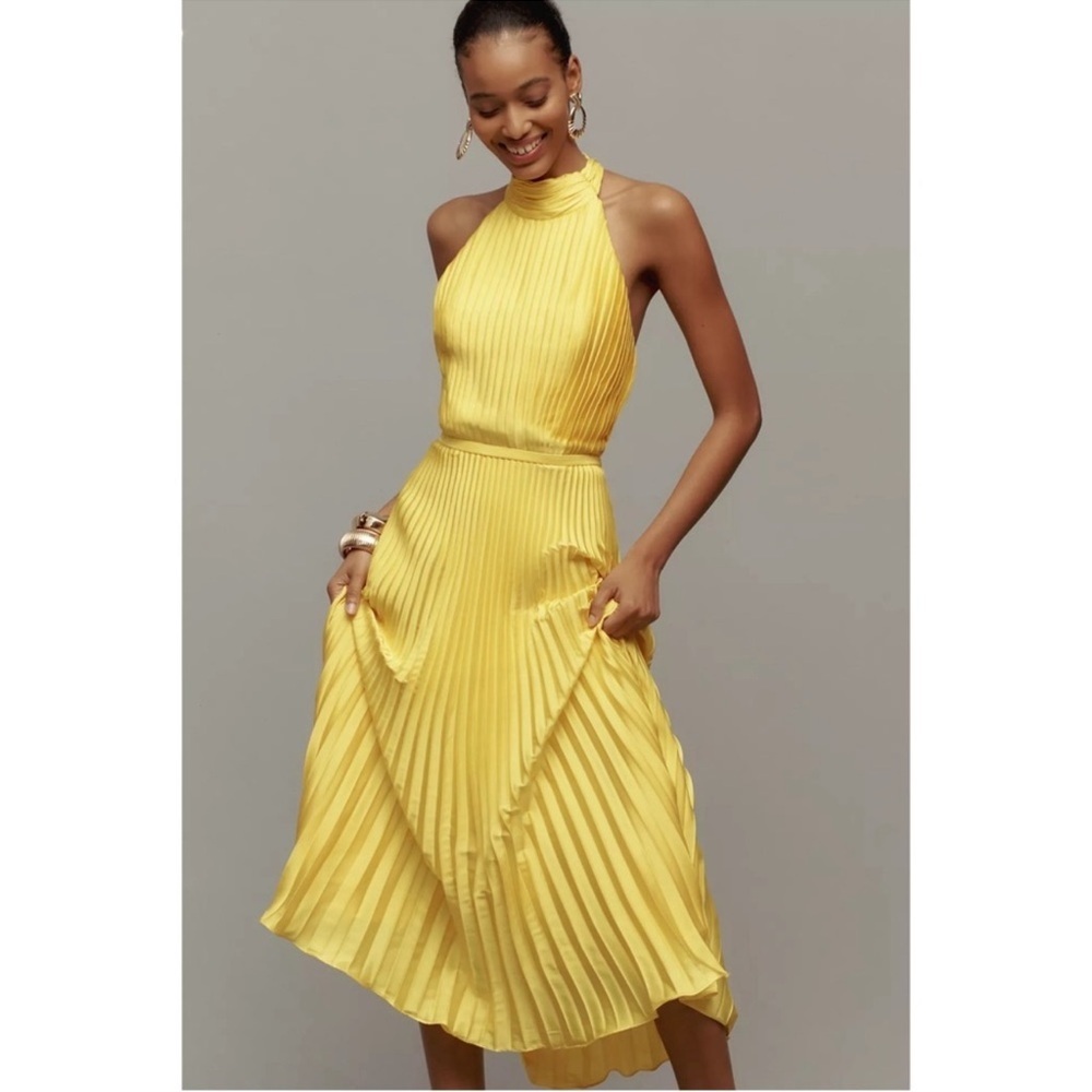 Anthropologie Mac Duggal Yellow Pleated Halter Midi Dress 12 Wedding Guest Event - Picture 3 of 10